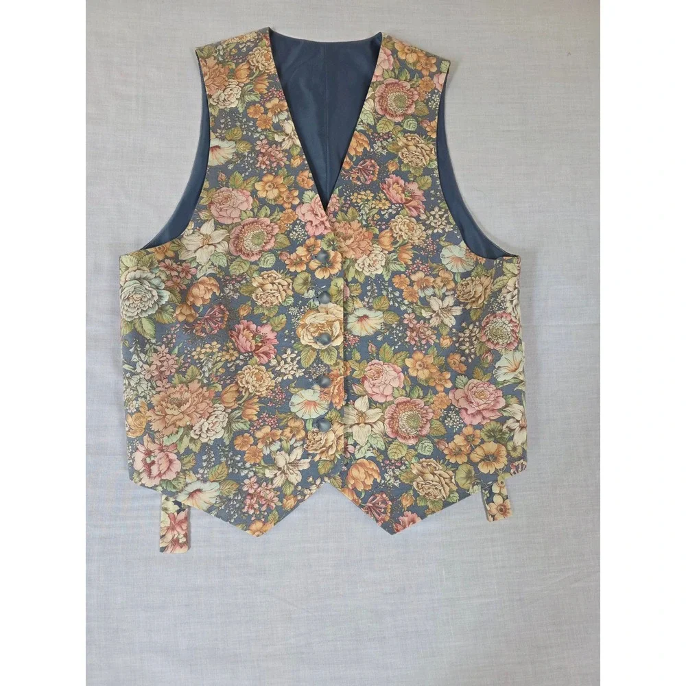 Vintage Floral Tapestry Vest Button Front Cinch Back Blue Medium Waistcoat 90s